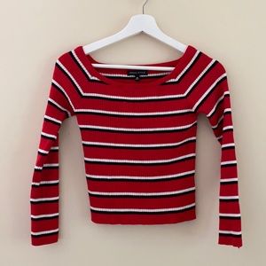 Red striped off the shoulder top